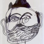 Two black Sharpie drawings layered on top of each other using clear paper. Both show the face and neck of a man with short side burns, a triangular hat, and a beard. Face has two eyes, eyebrows, ears and a nose.