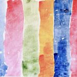 Painting with six vertical stripes in a row across the page. From left to right: light-blue, light-pink, green, orange, dark-blue and dark pink. White splatter-style paint on top.
