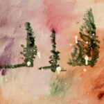 Abstract landscape with a multicolor painted background. From left to right background colors: light brown/purple, purple, peachy pink, light orange, green and dark orange. In the center are three abstract dark-green trees in a row. White splatter-style paint on top.