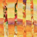Painted multicolor background of light-orange, orange, purple, pink, red, and yellow. Layered on top are six vertical paper strips in a row across the page. All are multicolored in various arrangements of deep-purple, orange, white, green, yellow and brown.