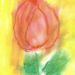 Red chalk-pastel flower in center of the page with green stem and leaves on bright yellow background.