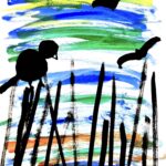 Background has abstract watercolor brush strokes in various colors on white paper. At the top is yellow, middle consists of alternating strokes of blue and green, and the bottom has orange brush strokes. Foreground consists of a painted black bird perched on black vertical strokes of grass with two black birds flying in the distance.