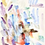 Abstract watercolor painting on white background. Short brush-strokes of various colors: blue, purple, red, green, yellow and brown.