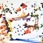 Abstract watercolor painting on white background with variously sized brushstrokes: dabs, long lines, and short squiggles. Colors included are blue, green, olive, dark-orange, brown, red and yellow.