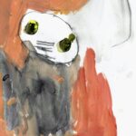 Abstract cat painting on white paper. Left half of the background is painted an orange-red color and right half is white paper. Cat sits on left side of the paper, and has a white circular head with yellow and black eyes, and no ears. Body is a blackish/gray color.