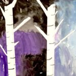 Background is painted using watercolor. The bottom left quarter of the paper is painted deep purple with black. Top left- quarter is painted black. The right side of the background is vertically painted gray-blue, except for a small amount of black paint in the top right corner. Two white birch trees with black pastel markings sit vertically in the center of the page. They were created by putting Scotch tape on the paper before the background was painted, and then peeling off the tape once the watercolor background was completed.