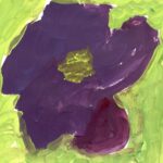 Purple painted flower with yellow center in the middle of the page on a lime-green painted background.
