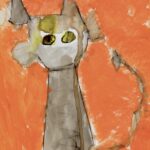 Abstract light-gray painted cat figure sitting in the center of an orange painted background. Cat has a long-narrow body with a thin gray tail that is straight-up. Head is circular, with two almond-shaped yellow eyes, gray whiskers and two triangular gray ears.
