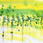 Abstract watercolor painting on white paper Background is painted yellow with green dots and brushstrokes interspersed. In the center of the piece are dark-green paint markings with long-thin gray paint strokes vertically underneath.