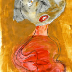 Abstract mixed media portrait of a woman with a gray face, red lips, a gray nose, white eyes with brown-orange pupils, and gray hair. She wears an abstract red shirt and has wavy, black Sharpie drawn arms. Portrait is on a brown-orange painted background.