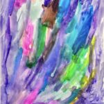 Abstract painting with medium-purple border painted around the edges. The center of the piece has short, vertical brushstrokes in multiple colors. Colors included are blue, sky-blue, purple, pink, green, brown, black, lime-green, and yellow.