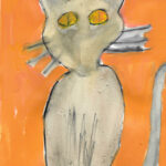 Abstract painting of a light-gray cat sitting on a light orange-painted background. Cat has an hour-glass body with a long gray tail that curves upwards. Cat has yellow eyes with black pupils, triangle ears, and three black and gray whiskers on each side.
