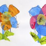 Two mixed-media flowers on a white-paper background. Flowers have thin-sharpie black outlines with tissue paper petals, centers, stems, and bottom leaves. Flower to viewer's left has three orange petals and two blue petals, a yellow center, a blue stem, and two lime-green leaves on the bottom. Flower to viewer's right has three pink petals and two blue petals, a yellow center, a blue stem, and two lime-green leaves on the bottom. Both have detailing of black-sharpie on top of the tissue paper.