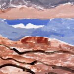 Landscape painting. Closest to the viewer on the bottom of the page are brown rocks on a downward slope with the left side being the highest point. In the center of the painting and further way is light-blue and white water. Furthest from the viewer and painted in the top third of the page are light pink-brown mountains and a purple-gray sky.