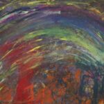 Abstract rainbow and multicolor brushstrokes over page in red, orange, yellow, green, black, gray, magenta. A large arch of multicolor brushstrokes sits in the center of the page.