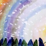 Abstract landscape painting. Multicolored sky with each color painted in an individual arch shape with white paint marks. Sky from left to right is painted yellow, orange, red, brown, green, blue, purple, gray, lavender, light-blue, light-green, light orange, light-yellow and light-pink. Bottom of page has a row of horizontal trees alternately painted blue and green. The trees are triangle shaped.