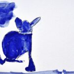 Painting on a white background of a royal blue colored dog figure on the left side of the page facing away from the viewer. A blue cloud is painted on the top-left corner.