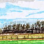 Landscape drawing with bright green grass and pale grass on the bottom half of the page. A thin, black fence moves horizontally across the grass. On top of green grass are vertical black markings across the center of the page. The top-half of the piece has a drawn light-blue sky with white clouds.