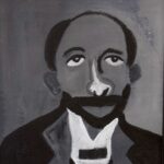 Life-like acrylic portrait of W.E.B. Dubois wearing a suite and bow tie, using hues of grey, black, and white.
