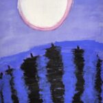 Bottom half of page is painted blue with black vertical lines as trees. Sky on top half of page is a light purple. A big circular white moon with a pink rim is in the center of the sky.