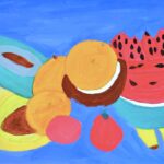 Bright blue background with various painted fruits. Red Watermelon, oranges, yellow bananas and other fruits in brown, yellow and blue.