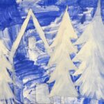 Painting with medium-blue painted background with three white pine trees in a horizontal line in the center of the page surrounding a white-outlined house.