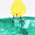 A painting of a yellow baby chick with an orange nose in the center of the page looking down onto green grass.