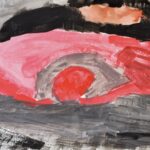 Abstract painting of a sun. Background has black on the top third, red paint in the middle and grayish/ black plaint on the bottom half. Darker red circle (sun) in the center surrounded by a circle of gray.