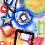 Abstract pastel drawing of brightly colored rainbow shapes in blue, pink, orange, red, green, purple and black. Shapes: Circles, triangles, circles and rectangles.