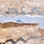 A landsape painting. Foreground is brown rocks in bottom half of painting. Middle of the page and further from the viewer is light blue/ gray water and furthest away is brownish/ grayish mountains on the top-third of the paper.
