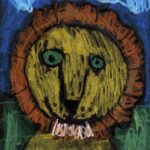 Oil pastel drawing. Foreground consists of a circular lion head and top of chest. Body and face are yellow with black facial features and green eyes. Mane is orange with a white tuft a the chin. Background consists of green for grass and medium-blue with light-blue/white clouds for the sky.