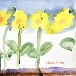 White background with four yellow watercolor flowers with long green stems in a horizontal line. Flowers and stems are the full height of the page. Background bottom 1/4 has brown and purple horizontally painted lines, middle half of background is white paper, and the top 1/4 has blue painted sky.