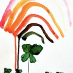 A white background with a painted rainbow at the top of the page (from top to bottom: pink, tangerine, orange, dark orange, brown, dark green). Rainbow has dripping red and brown paint that flows to the bottom of the page. Bottom of the page has five green, four-leaf clovers in a horizontal line. The center clover is twice as large as the other four.