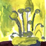 Painting of flowers in a vase sitting on Purple/brown surface. Vase is gray on the bottom half and yellow on the top half. Flowers have gray stems with yellow circles at the bud. Background color is painted green and yellow.