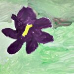 Painting of a deep-purple flower with yellow center on a light-green background.