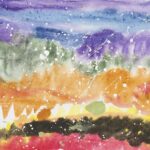 Abstract landscape painting with horizontal stripes of various colors. From Bottom to top: red, black, orange, yellow, orange, green, purple, blue, purple. Layered on top of painting are small amounts of white splatter paint.