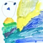 Abstract painting with blue, yellow, green, and aqua brush strokes on a white background. Top left corner has a drawn abstract face with two blue eyes, a blue nose, and a triangular yellow body.