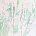 Abstract painting with light green and gray brush strokes, splattered with white paint on a white background.