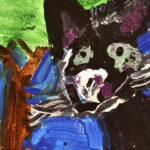 Painting of a Black cat face and neck on right half of the painting. Cat's nose and whiskers are white and black, and it has green eyes. Background is deep blue with a tree in the viewer's left corner. Tree has a brown trunk and green leaves.