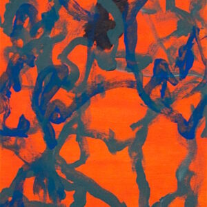 Dark-Orange painted background with abstract swirls of blue and green paint