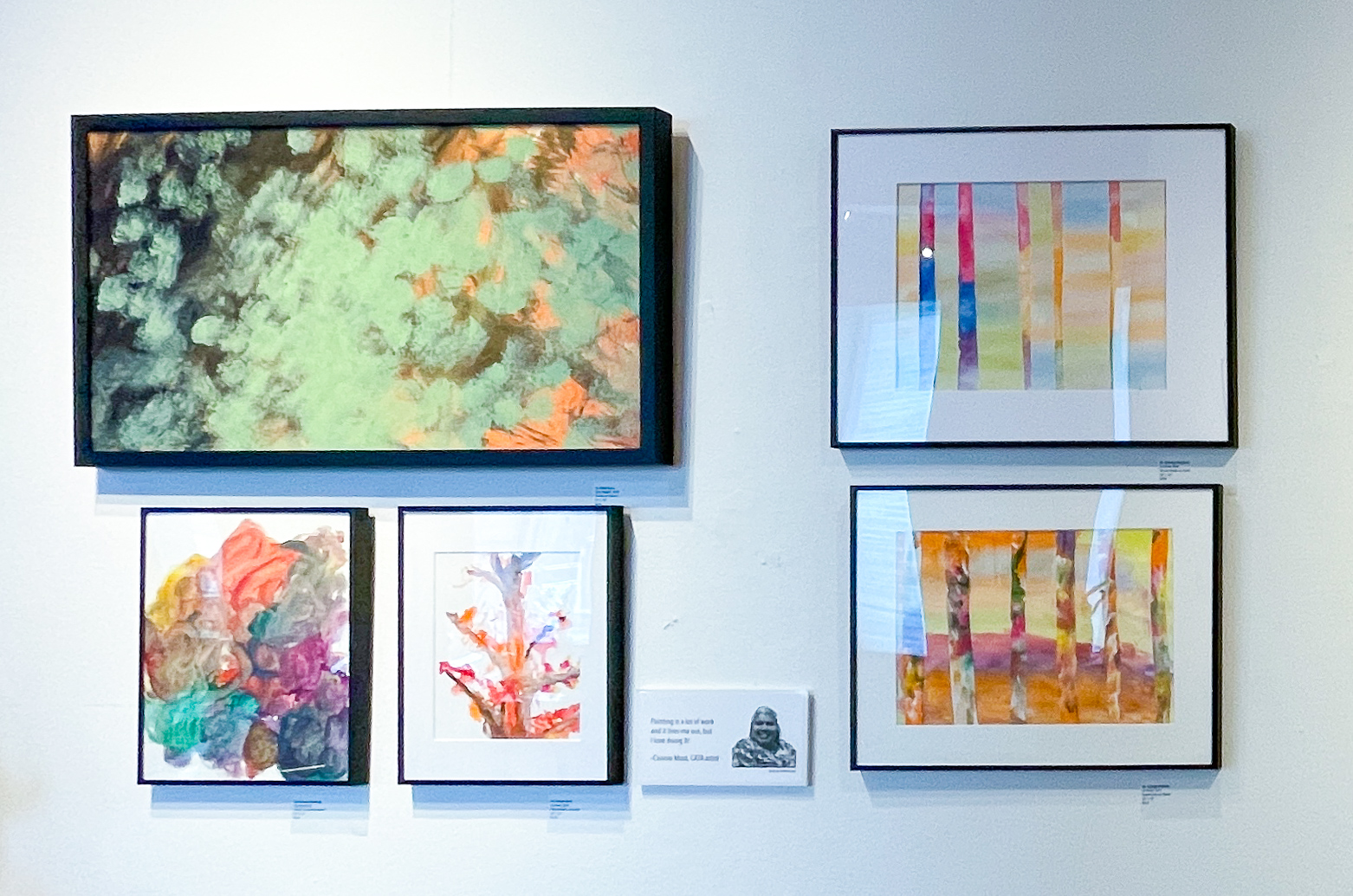 Gallery wall with five abstract paintings