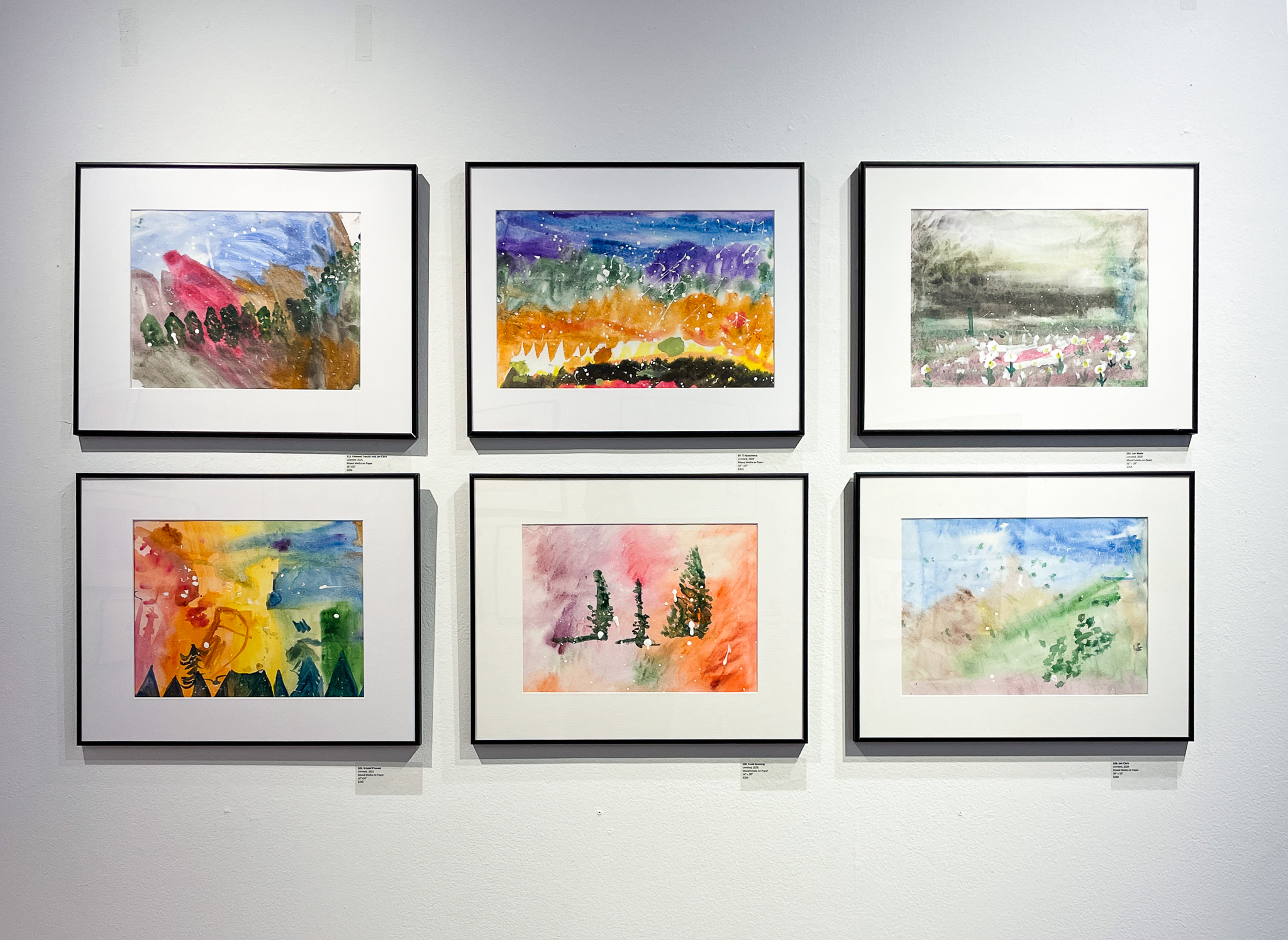 Gallery wall with six, multicolor, watercolor paintings