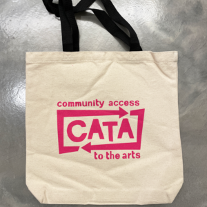 Back of CATA tote bag with pink logo