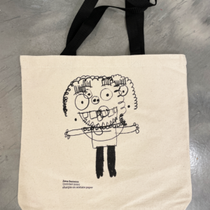 Tote bag with black line drawing of a person