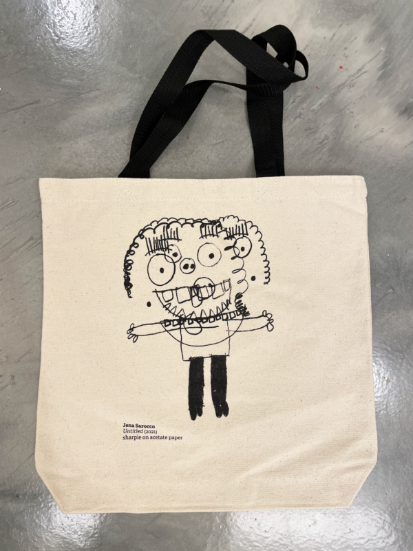 Tote bag with black line drawing of a person
