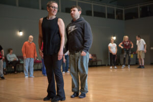 Dawn Lane and artist Matt stand together during a dance workshop