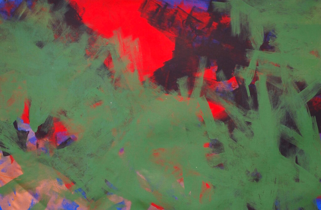 Image description: Abstract painting with heavy green brushstrokes over blue brushstrokes and a bright red background peaking through at the top
