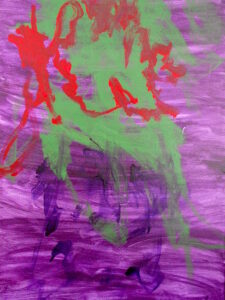 Image description: Abstract painting with red and green brushstrokes over a purple background