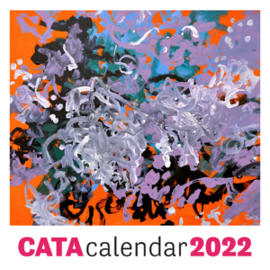 Image description: Cover of CATA 2022 calendar with abstract painting with orange background and lavender, white, blue, and black brush strokes