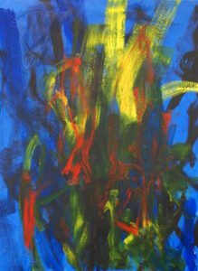 Image description: abstract painting with yellow, red, and black vertical brushstrokes over a blue background